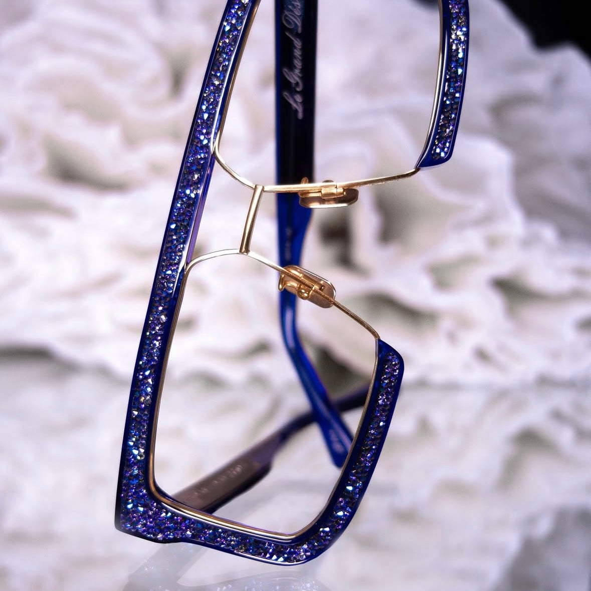 Anna Karin Karlsson LE GRAND DÉSIR in Royal Blue Crystals and gold. Available exclusively at I-Topian Optical Fort Myers Luxury Eyewear Optician.